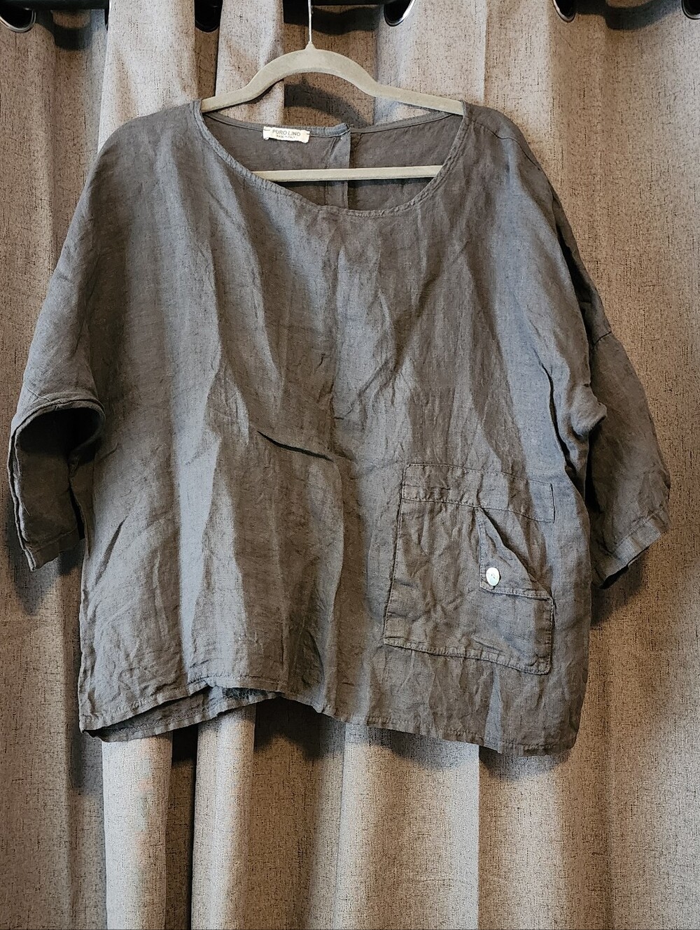 Made in Italy 100% Linen Gray Button Back Short Sleeve Top Oversized Minimalist